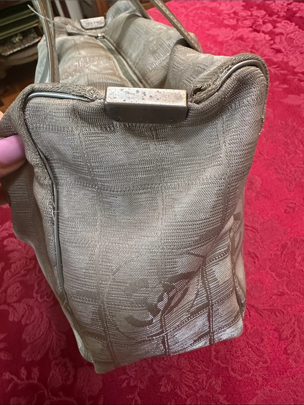 Chanel Champagne Silver Nylon Shimmer Travel Ligne Baguette